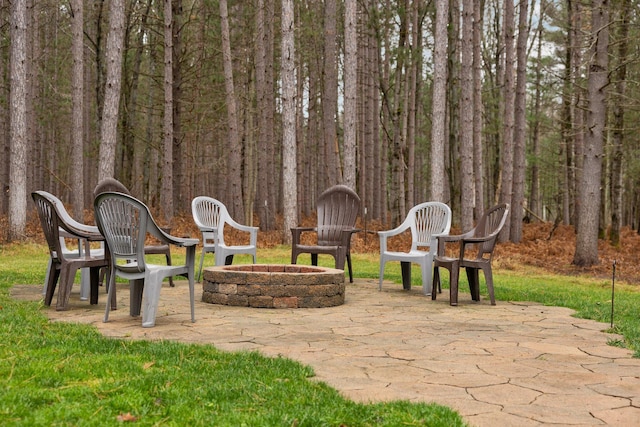 view of community featuring a patio and a fire pit