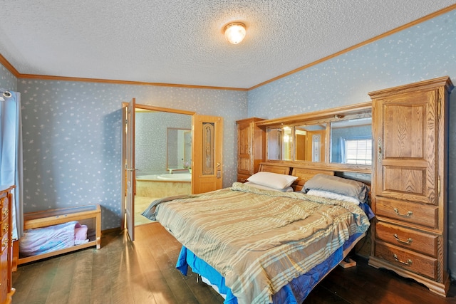 bedroom with wood-type flooring, a textured ceiling, and crown molding