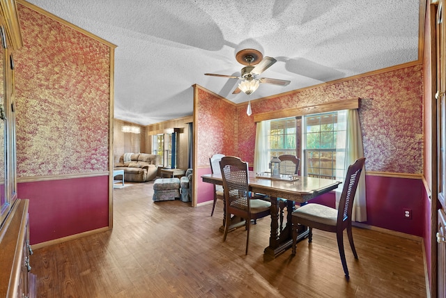 dining area featuring hardwood / wood-style flooring, ceiling fan, crown molding, and a textured ceiling