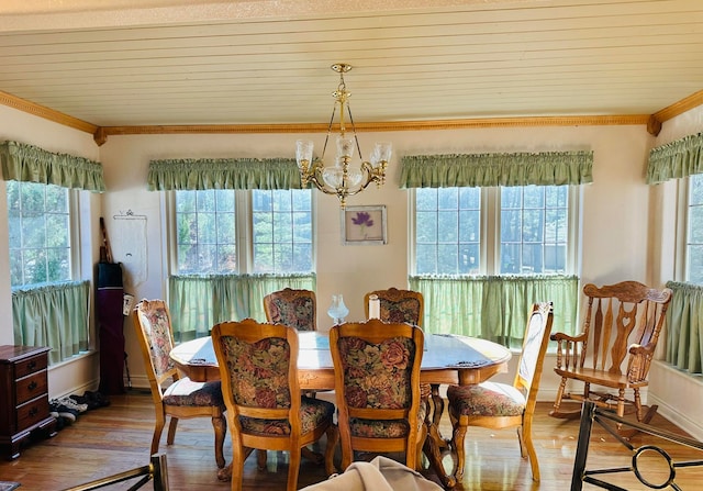 dining room featuring hardwood / wood-style floors, ornamental molding, and plenty of natural light