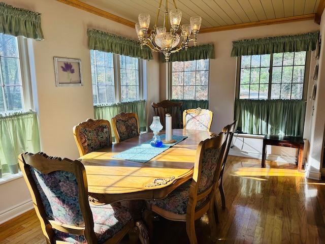 dining room featuring hardwood / wood-style floors, a notable chandelier, ornamental molding, and wooden ceiling