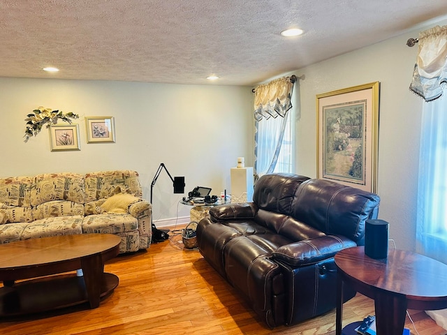 living room with a textured ceiling and light hardwood / wood-style floors