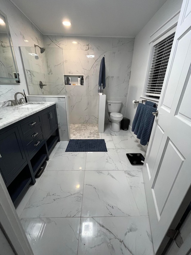 bathroom with vanity, toilet, and a shower