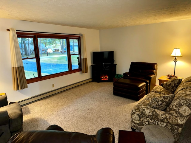 carpeted living room featuring a textured ceiling and a baseboard radiator