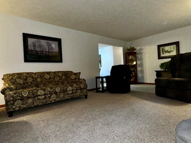 carpeted living room with a textured ceiling