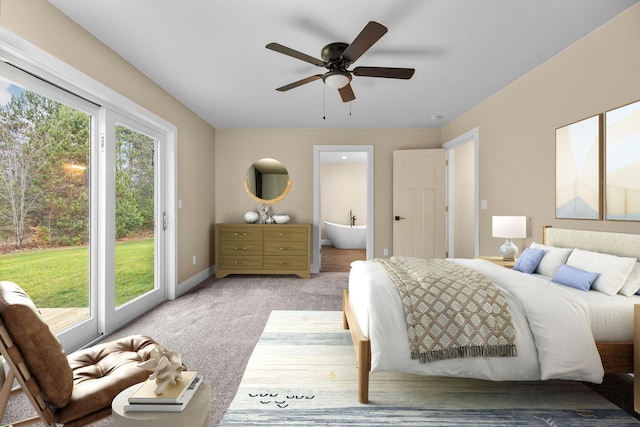 carpeted bedroom featuring ceiling fan and access to outside