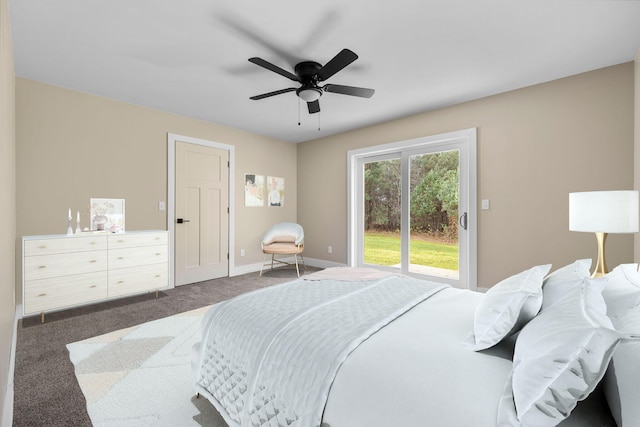 bedroom with dark carpet and ceiling fan