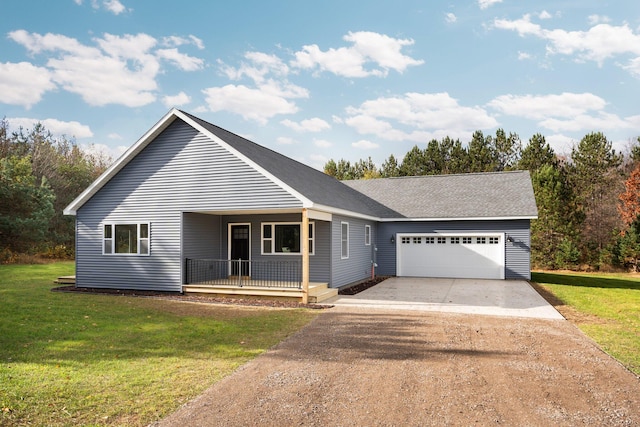 ranch-style house featuring a front yard, a porch, and a garage