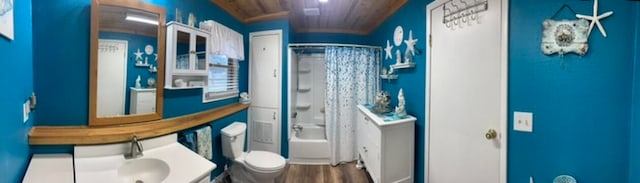 full bathroom with vanity, wooden ceiling, toilet, shower / bath combo with shower curtain, and wood-type flooring