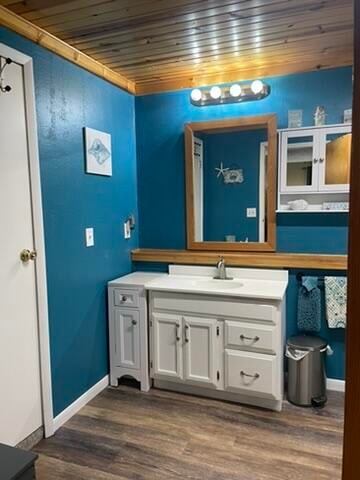 bathroom with vanity, wood-type flooring, and wooden ceiling