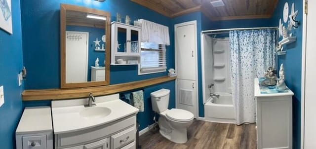 full bathroom with vanity, wooden ceiling, hardwood / wood-style flooring, toilet, and shower / bathtub combination with curtain