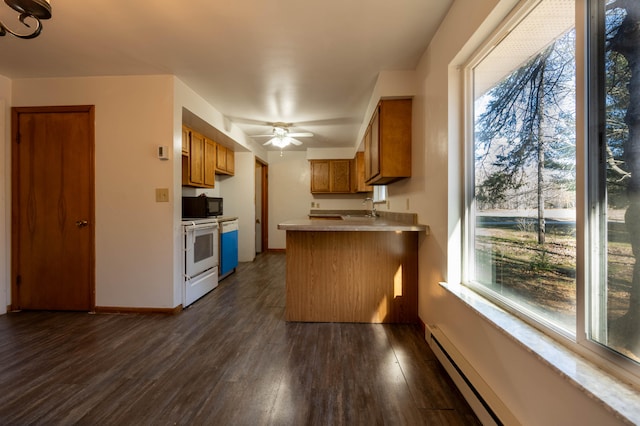 kitchen with kitchen peninsula, dark hardwood / wood-style flooring, white range with electric stovetop, baseboard heating, and sink