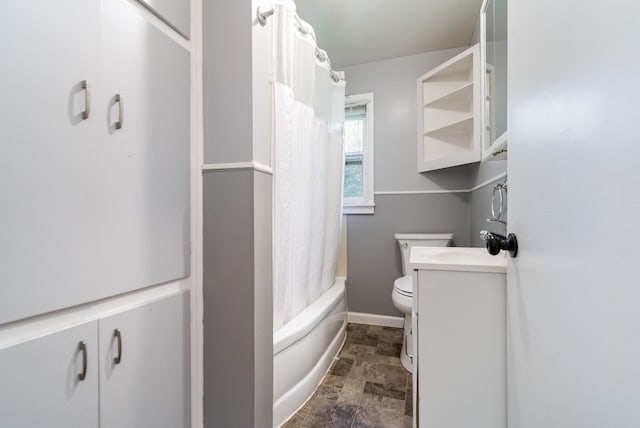 full bathroom with vanity, toilet, and shower / bathtub combination with curtain