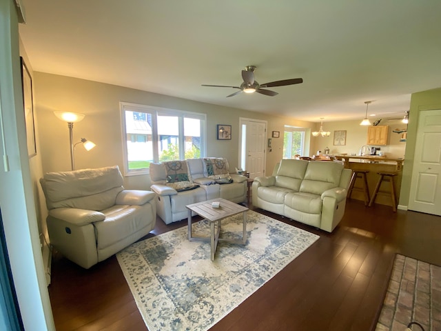 living room featuring dark hardwood / wood-style flooring and ceiling fan with notable chandelier