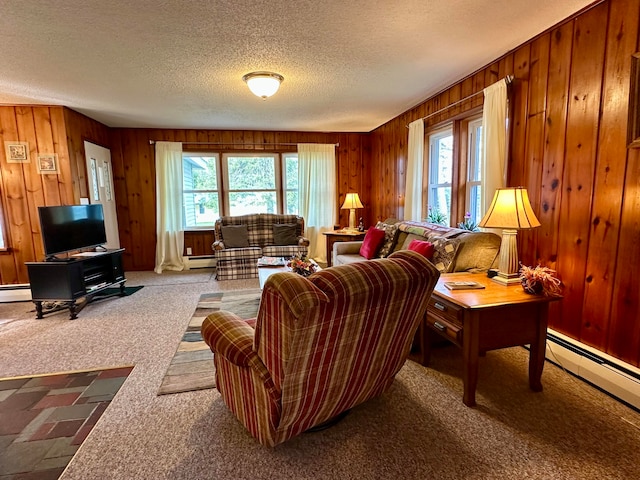 carpeted living room featuring wood walls and a healthy amount of sunlight