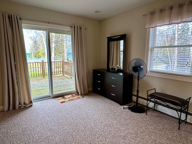 interior space featuring carpet floors, a water view, and a baseboard radiator