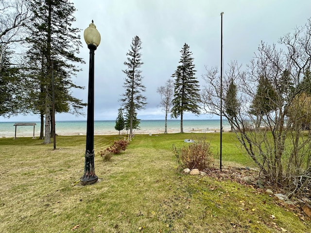 view of yard with a water view and a beach view