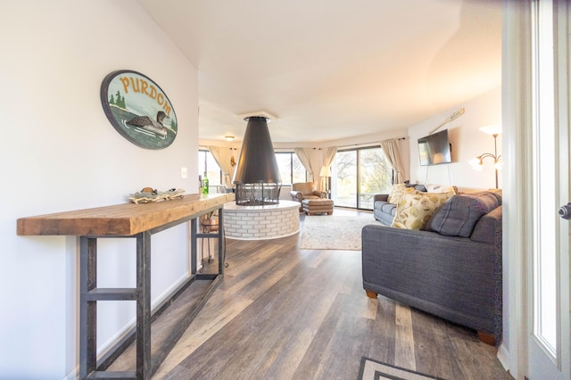 living room with dark hardwood / wood-style flooring