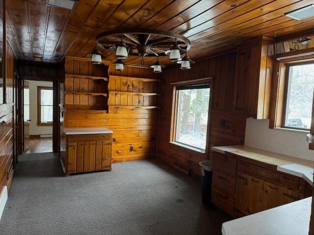 kitchen featuring a wealth of natural light, wooden ceiling, wood walls, and dark carpet