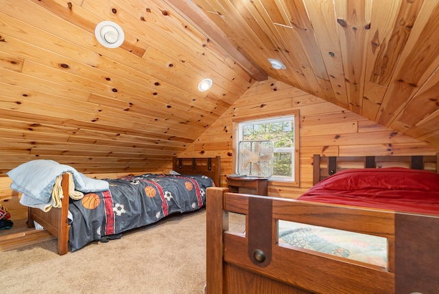 bedroom featuring lofted ceiling, wooden ceiling, carpet floors, and wooden walls