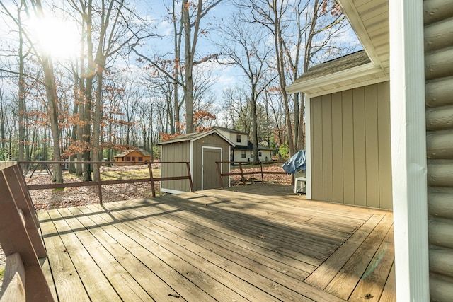 wooden deck with a storage unit