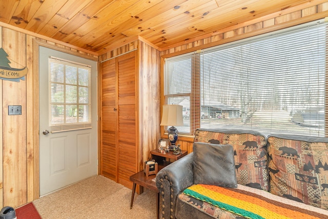 sitting room with carpet floors, wooden walls, and wood ceiling