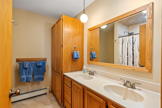 bathroom featuring vanity, curtained shower, and a baseboard heating unit