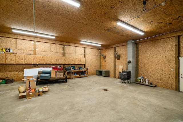 garage featuring a wood stove