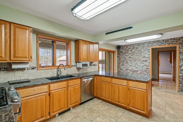 kitchen with dark stone countertops, sink, kitchen peninsula, and stainless steel appliances