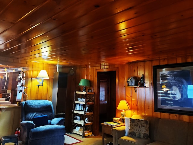 living room featuring wood walls and wooden ceiling