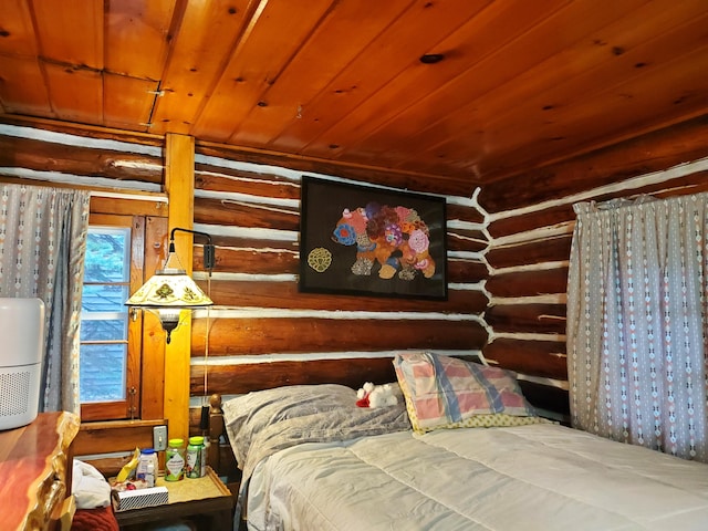 bedroom with rustic walls and wood ceiling