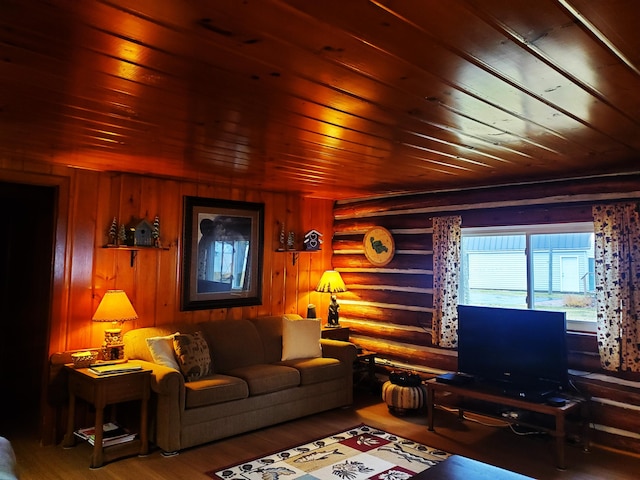 living room with wood ceiling, log walls, and wood-type flooring