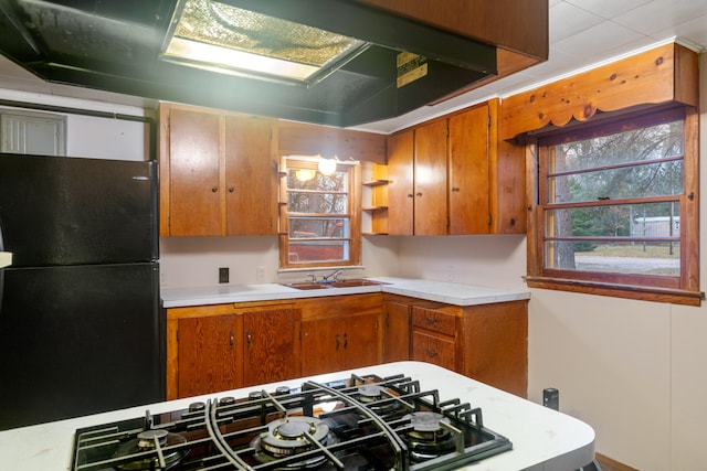 kitchen with black fridge, sink, and stainless steel gas stovetop