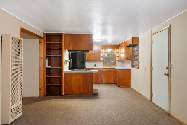 kitchen with light carpet, kitchen peninsula, black fridge, and sink