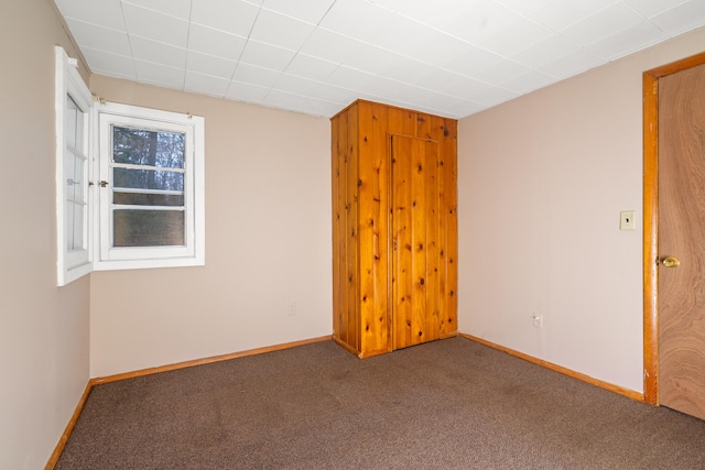 carpeted empty room with wood walls