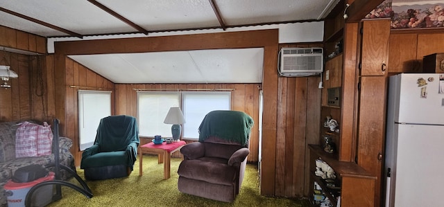 living area featuring carpet flooring, a wall unit AC, lofted ceiling, and wood walls