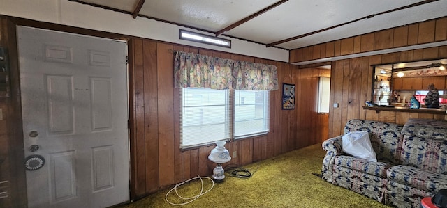 interior space featuring wooden walls and a textured ceiling