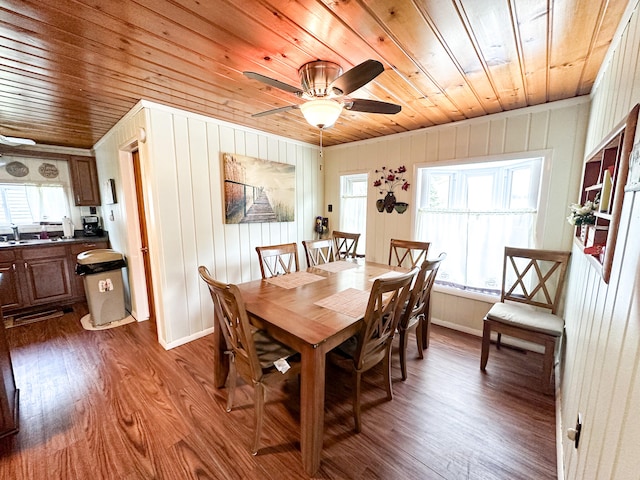 dining room featuring light hardwood / wood-style flooring, wooden walls, and wood ceiling