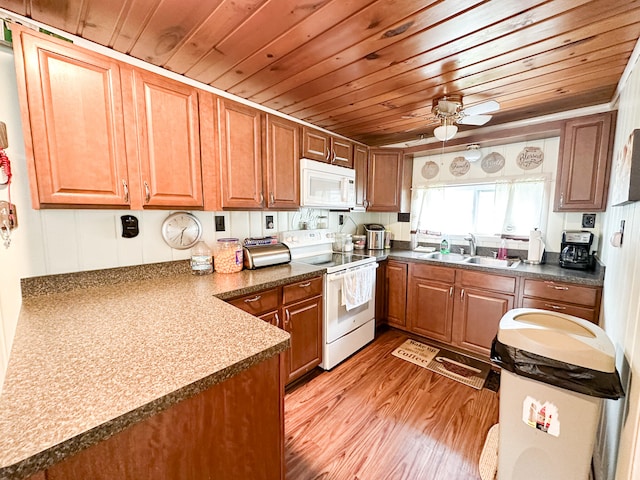 kitchen featuring stove, ceiling fan, sink, light hardwood / wood-style flooring, and wooden ceiling