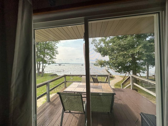 wooden deck with a water view