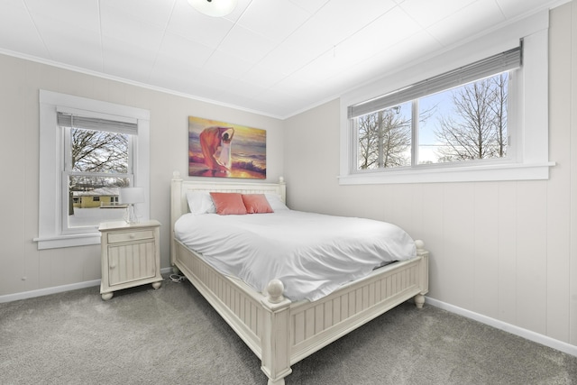 carpeted bedroom featuring ornamental molding