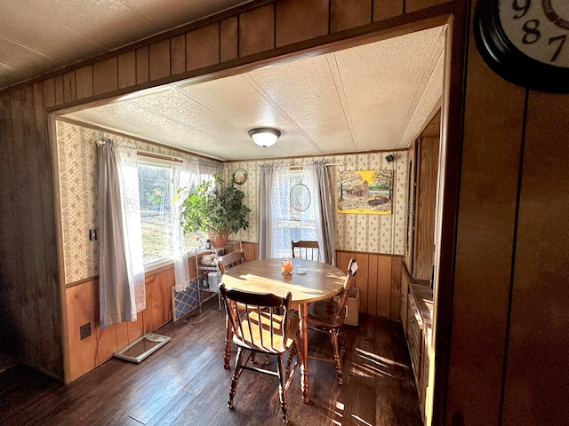 dining area featuring a textured ceiling, wood walls, and dark hardwood / wood-style floors