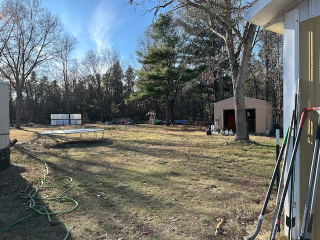 view of yard featuring an outdoor structure and a trampoline