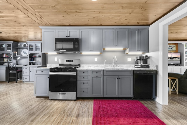 kitchen featuring gray cabinetry, wooden ceiling, sink, and black appliances