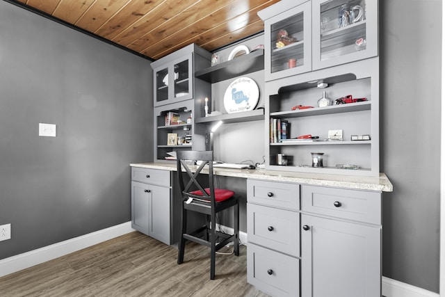 office area featuring hardwood / wood-style floors and wooden ceiling