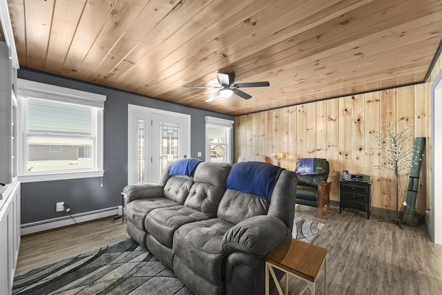 living room featuring hardwood / wood-style flooring, ceiling fan, wooden ceiling, and a baseboard heating unit