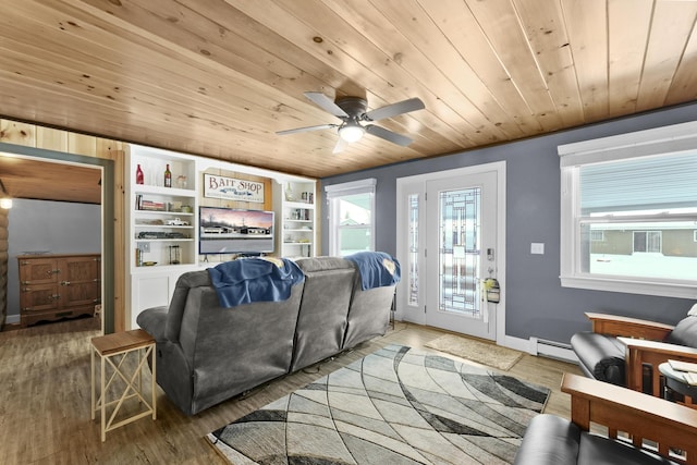 living room featuring ceiling fan, a baseboard radiator, built in features, wood ceiling, and hardwood / wood-style flooring