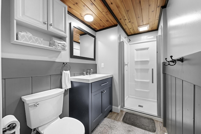 bathroom with wooden ceiling, walk in shower, hardwood / wood-style floors, toilet, and vanity