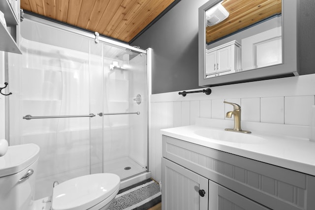 bathroom with walk in shower, vanity, wooden ceiling, and toilet