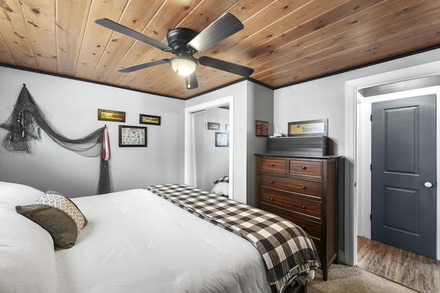 bedroom with hardwood / wood-style floors, ceiling fan, and wooden ceiling